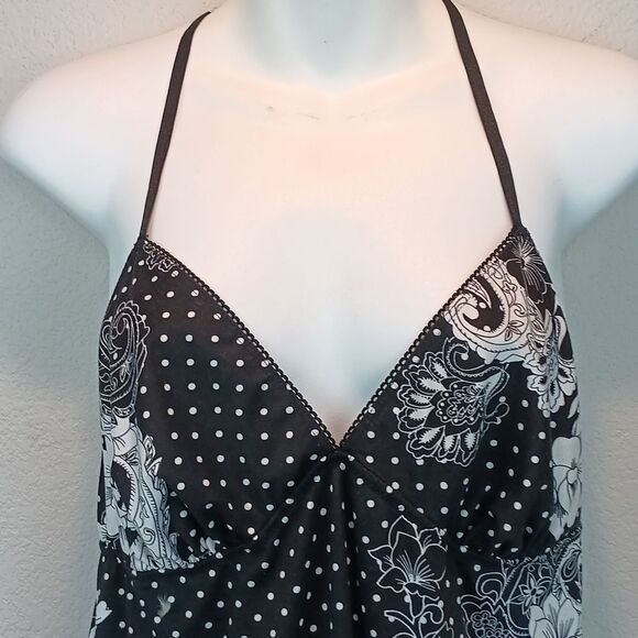 Black and White Polka Dot / Floral Lace V Neck Halter Night Slip Dress Sz L - Picture 2 of 9